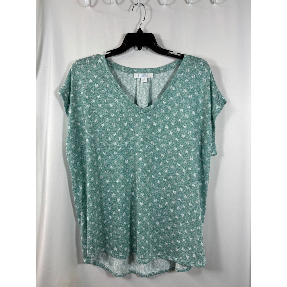 Bunulu Womens 1X Teal Green Chevron Arrow V-Neck Short Sleeve Knit Top RN98586